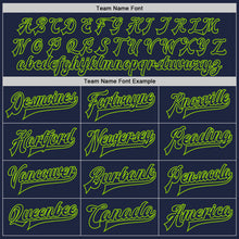 Load image into Gallery viewer, Custom Navy Neon Green Bomber Full-Snap Varsity Letterman Jacket
