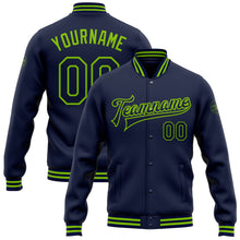 Load image into Gallery viewer, Custom Navy Neon Green Bomber Full-Snap Varsity Letterman Jacket
