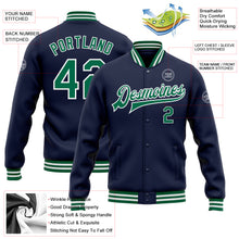 Load image into Gallery viewer, Custom Navy Kelly Green-White Bomber Full-Snap Varsity Letterman Jacket
