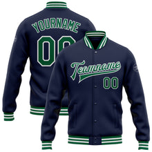 Load image into Gallery viewer, Custom Navy Kelly Green-White Bomber Full-Snap Varsity Letterman Jacket
