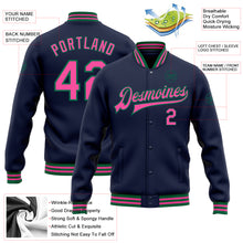 Load image into Gallery viewer, Custom Navy Pink-Kelly Green Bomber Full-Snap Varsity Letterman Jacket
