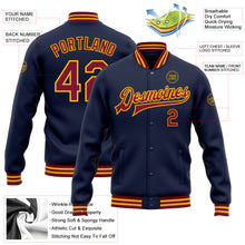 Load image into Gallery viewer, Custom Navy Crimson-Gold Bomber Full-Snap Varsity Letterman Jacket
