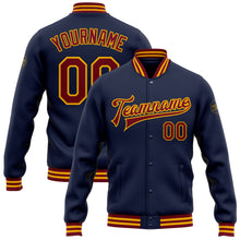 Load image into Gallery viewer, Custom Navy Crimson-Gold Bomber Full-Snap Varsity Letterman Jacket
