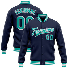 Load image into Gallery viewer, Custom Navy Aqua-White Bomber Full-Snap Varsity Letterman Jacket
