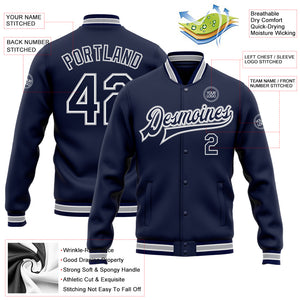 Custom Navy White-Gray Bomber Full-Snap Varsity Letterman Jacket