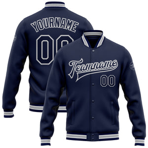 Custom Navy White-Gray Bomber Full-Snap Varsity Letterman Jacket