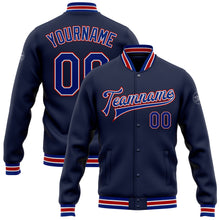 Load image into Gallery viewer, Custom Navy Royal-Red Bomber Full-Snap Varsity Letterman Jacket
