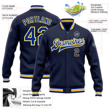 Load image into Gallery viewer, Custom Navy Royal-Yellow Bomber Full-Snap Varsity Letterman Jacket
