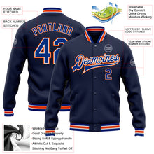 Load image into Gallery viewer, Custom Navy Royal-Orange Bomber Full-Snap Varsity Letterman Jacket
