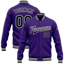 Load image into Gallery viewer, Custom Purple Black-White Bomber Full-Snap Varsity Letterman Jacket
