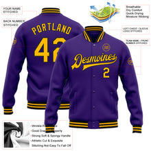 Load image into Gallery viewer, Custom Purple Gold=Black Bomber Full-Snap Varsity Letterman Jacket
