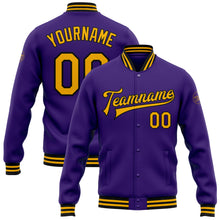 Load image into Gallery viewer, Custom Purple Gold=Black Bomber Full-Snap Varsity Letterman Jacket
