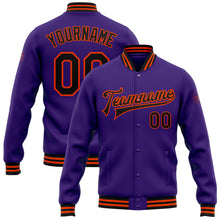 Load image into Gallery viewer, Custom Purple Black-Orange Bomber Full-Snap Varsity Letterman Jacket
