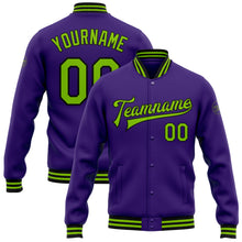 Load image into Gallery viewer, Custom Purple Neon Green-Black Bomber Full-Snap Varsity Letterman Jacket
