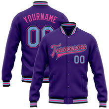 Load image into Gallery viewer, Custom Purple Light Blue Black-Pink Bomber Full-Snap Varsity Letterman Jacket
