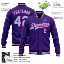 Load image into Gallery viewer, Custom Purple Light Blue Pink-Black Bomber Full-Snap Varsity Letterman Jacket
