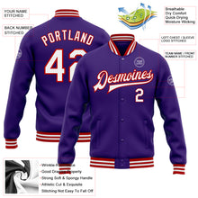 Load image into Gallery viewer, Custom Purple White-Red Bomber Full-Snap Varsity Letterman Jacket
