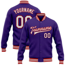 Load image into Gallery viewer, Custom Purple White-Red Bomber Full-Snap Varsity Letterman Jacket
