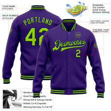 Load image into Gallery viewer, Custom Purple Neon Green-Navy Bomber Full-Snap Varsity Letterman Jacket
