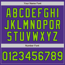 Load image into Gallery viewer, Custom Purple Neon Green-Navy Bomber Full-Snap Varsity Letterman Jacket
