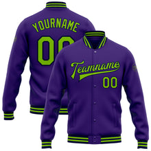 Load image into Gallery viewer, Custom Purple Neon Green-Navy Bomber Full-Snap Varsity Letterman Jacket
