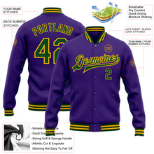 Load image into Gallery viewer, Custom Purple Green-Gold Bomber Full-Snap Varsity Letterman Jacket
