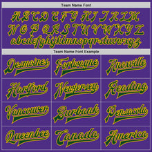 Load image into Gallery viewer, Custom Purple Green-Gold Bomber Full-Snap Varsity Letterman Jacket

