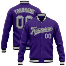 Load image into Gallery viewer, Custom Purple Gray-Black Bomber Full-Snap Varsity Letterman Jacket
