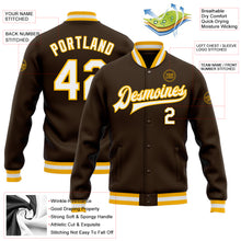 Load image into Gallery viewer, Custom Brown White-Gold Bomber Full-Snap Varsity Letterman Jacket
