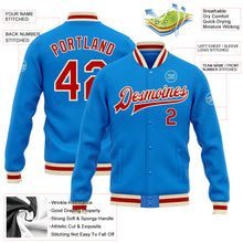 Load image into Gallery viewer, Custom Powder Blue Red-Cream Bomber Full-Snap Varsity Letterman Jacket
