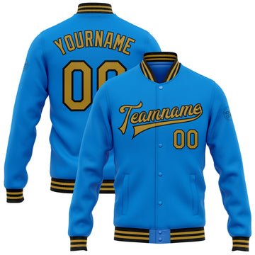 Custom Electric Blue Old Gold-Black Bomber Full-Snap Varsity Letterman Jacket