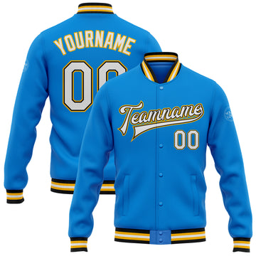 Custom Electric Blue White Black-Gold Bomber Full-Snap Varsity Letterman Jacket