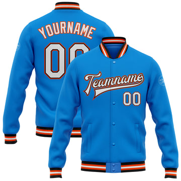 Custom Electric Blue White Black-Orange Bomber Full-Snap Varsity Letterman Jacket