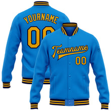 Load image into Gallery viewer, Custom Powder Blue Gold-Navy Bomber Full-Snap Varsity Letterman Jacket

