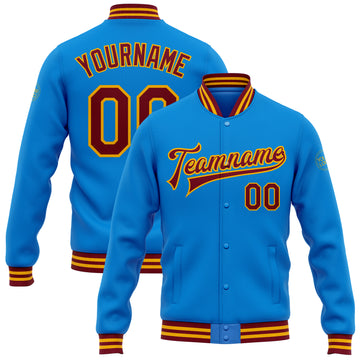 Custom Electric Blue Crimson-Gold Bomber Full-Snap Varsity Letterman Jacket