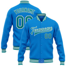 Load image into Gallery viewer, Custom Powder Blue Teal-White Bomber Full-Snap Varsity Letterman Jacket
