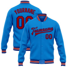 Load image into Gallery viewer, Custom Powder Blue Red-Royal Bomber Full-Snap Varsity Letterman Jacket
