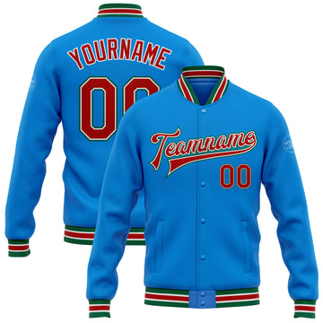 Custom Electric Blue Red-Kelly Green Bomber Full-Snap Varsity Letterman Jacket