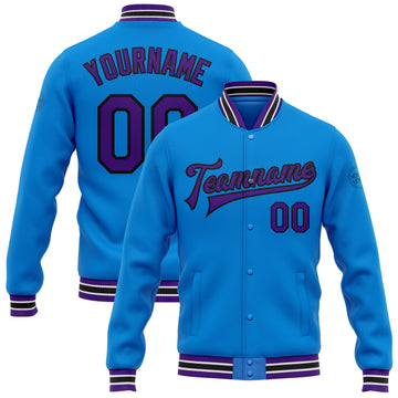 Custom Electric Blue Purple-Black Bomber Full-Snap Varsity Letterman Jacket