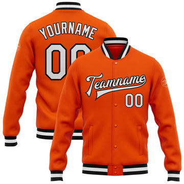 Custom Orange White-Black Bomber Full-Snap Varsity Letterman Jacket