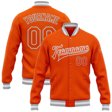 Custom Orange White-Gray Bomber Full-Snap Varsity Letterman Jacket