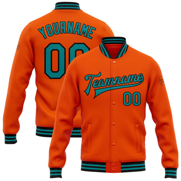 Custom Orange Teal-Black Bomber Full-Snap Varsity Letterman Jacket