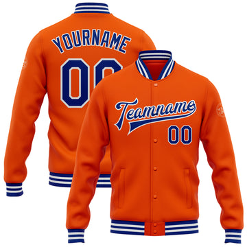 Custom Orange Royal-White Bomber Full-Snap Varsity Letterman Jacket