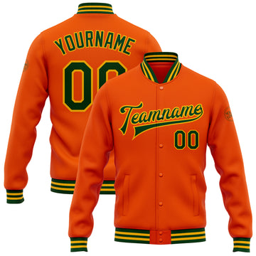 Custom Orange Green-Gold Bomber Full-Snap Varsity Letterman Jacket