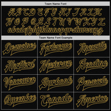 Load image into Gallery viewer, Custom Black Old Gold Pinstripe Old Gold Bomber Full-Snap Varsity Letterman Jacket
