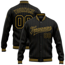 Load image into Gallery viewer, Custom Black Old Gold Pinstripe Old Gold Bomber Full-Snap Varsity Letterman Jacket
