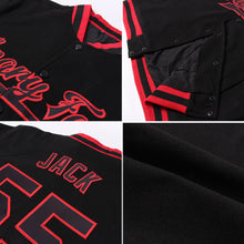 Load image into Gallery viewer, Custom Black Old Gold Pinstripe Red Bomber Full-Snap Varsity Letterman Jacket
