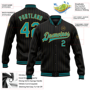 Custom Black Old Gold Pinstripe Teal Bomber Full-Snap Varsity Letterman Jacket