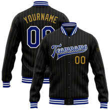 Load image into Gallery viewer, Custom Black Old Gold Pinstripe Royal-White Bomber Full-Snap Varsity Letterman Jacket
