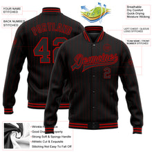 Load image into Gallery viewer, Custom Black Red Pinstripe Red Bomber Full-Snap Varsity Letterman Jacket
